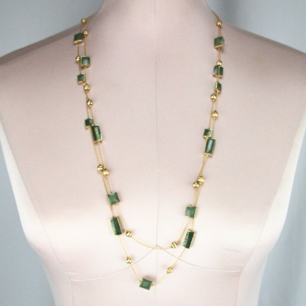 Metal Necklace 29"-31" Gold-tone Green Glitter Beads